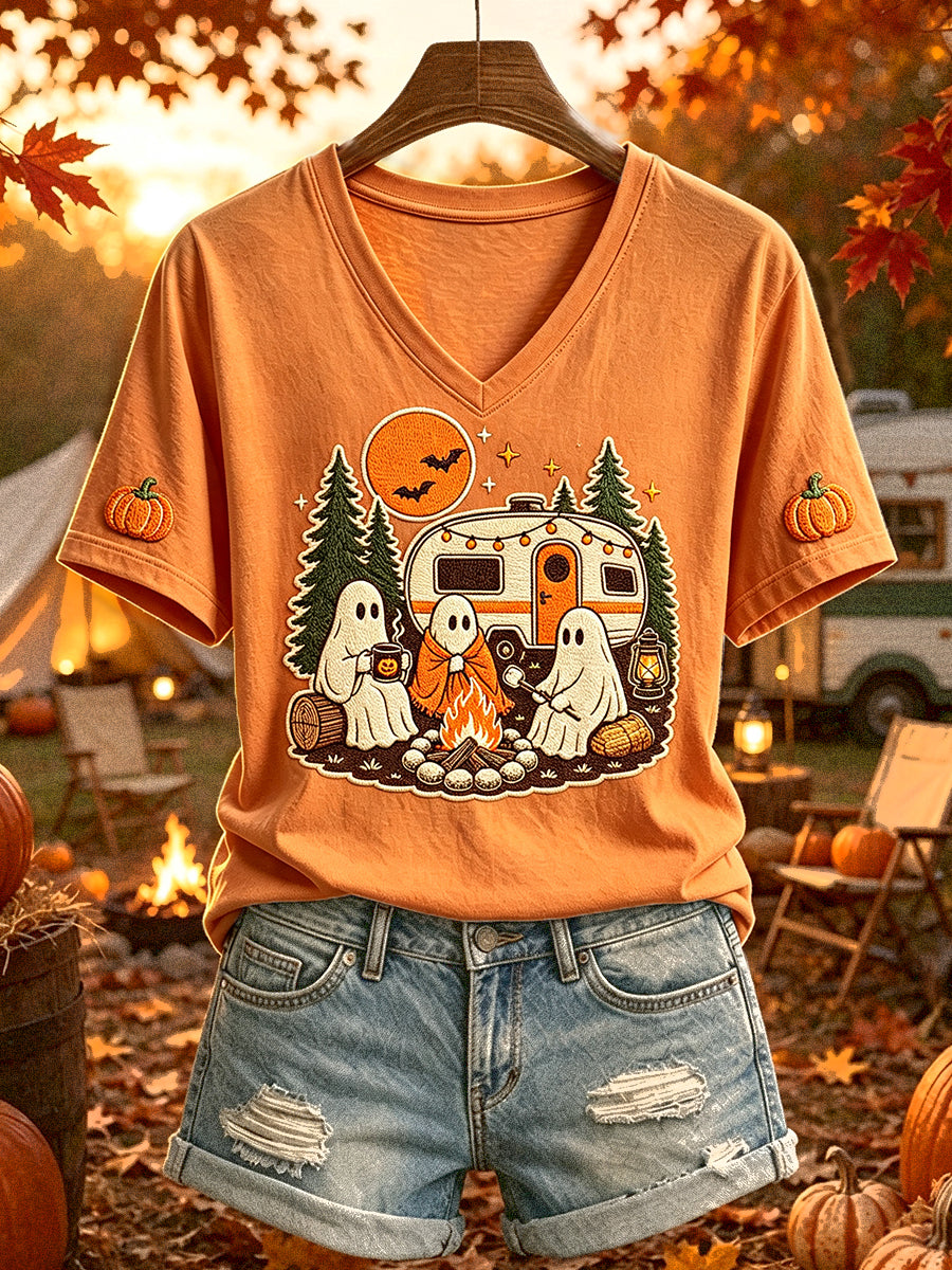 Damen Lustiges Halloween Camping Ghost Print Kurzarm T-Shirt