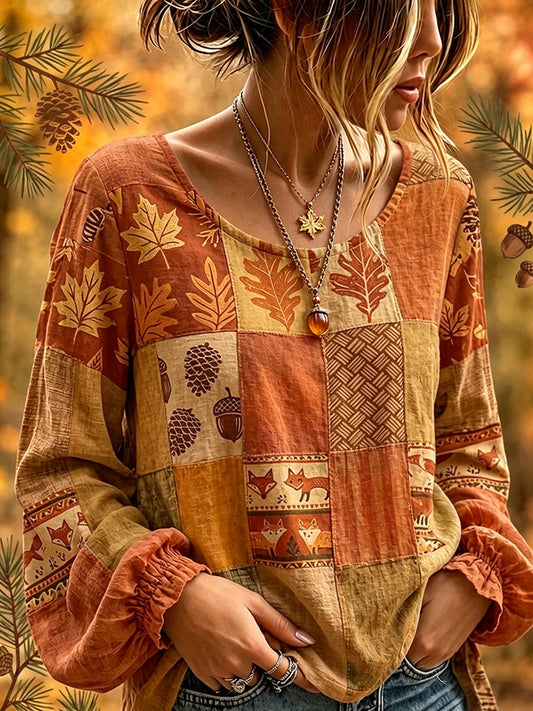 Damen-Cottagecore-Herbst-Patchwork-Print-Hemd aus Baumwolle