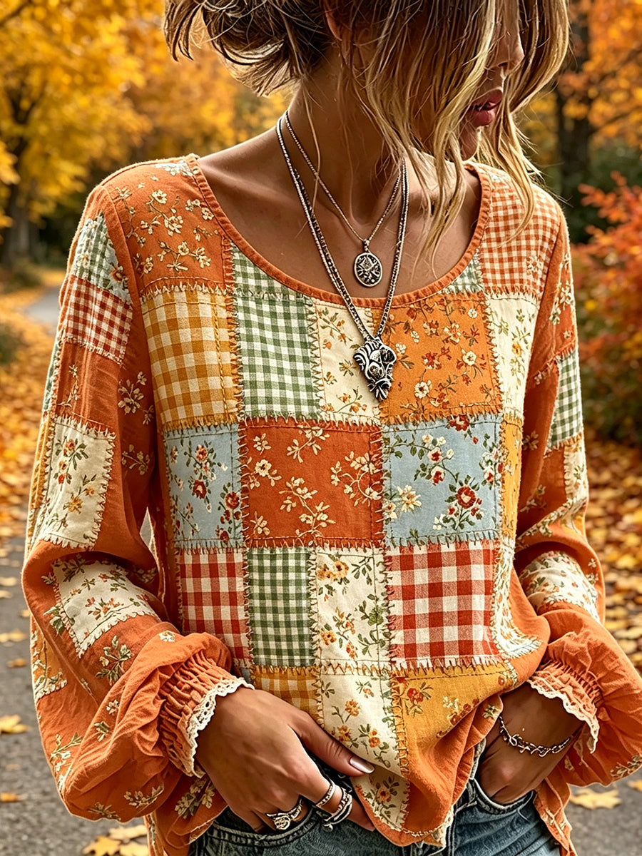 Damen-Häuschenstil Herbst Patchwork-Print Baumwoll-Leinen-Shirt