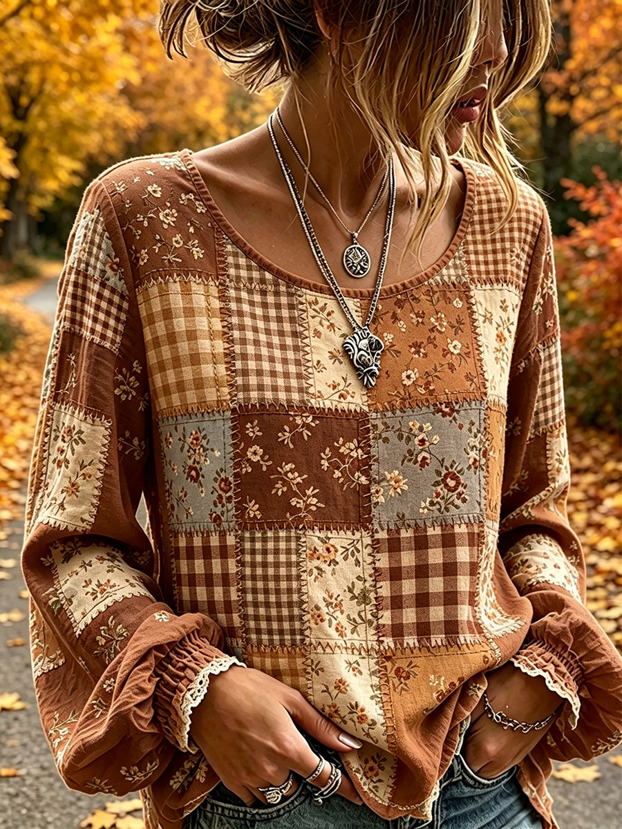 Damen-Häuschenstil Herbst Patchwork-Print Baumwoll-Leinen-Shirt