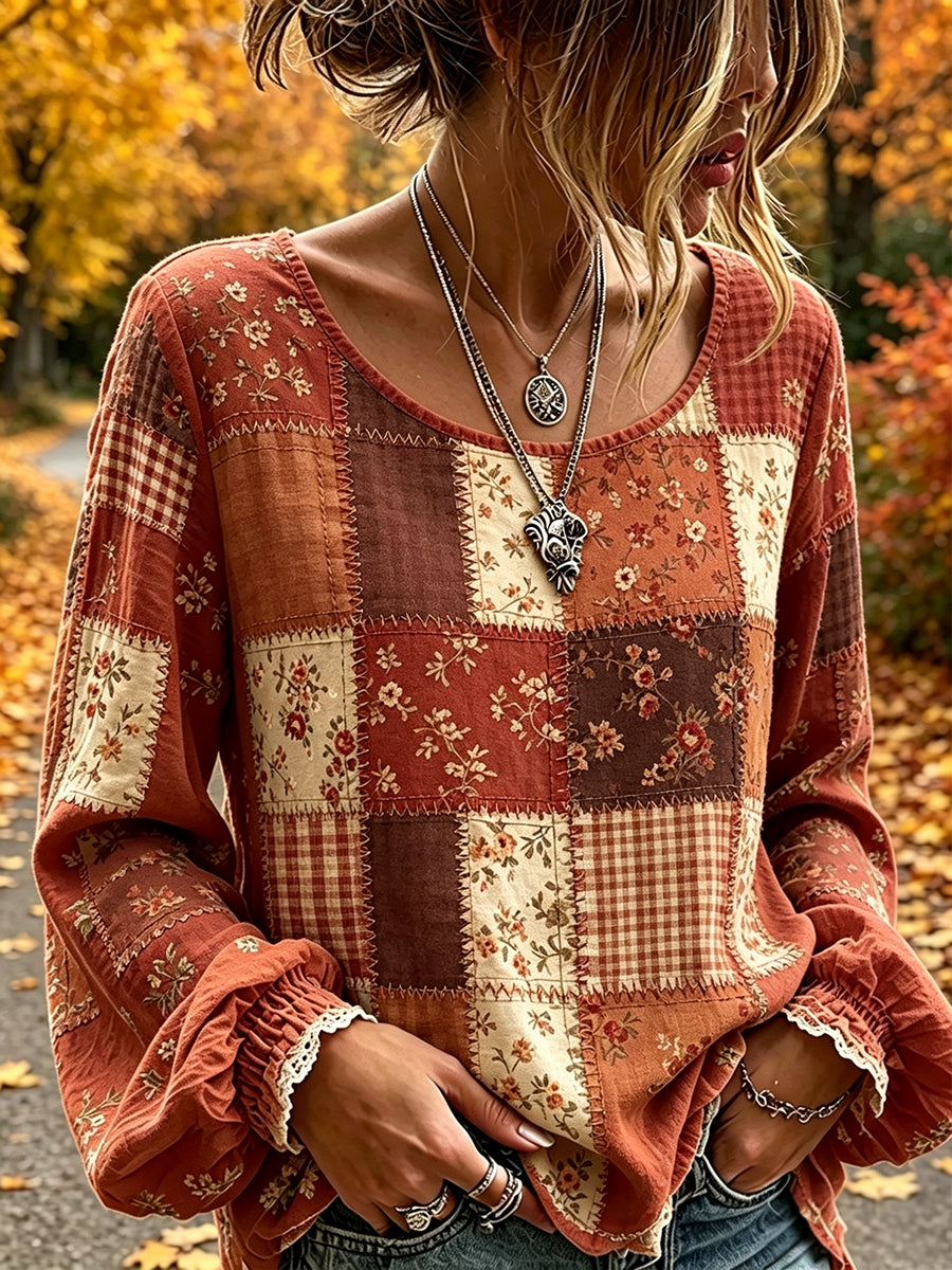 Damen-Häuschenstil Herbst Patchwork-Print Baumwoll-Leinen-Shirt