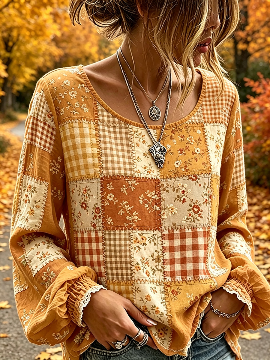 Damen-Häuschenstil Herbst Patchwork-Print Baumwoll-Leinen-Shirt