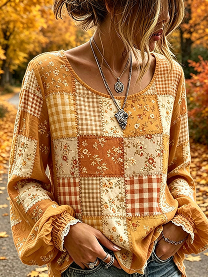 Damen-Häuschenstil Herbst Patchwork-Print Baumwoll-Leinen-Shirt