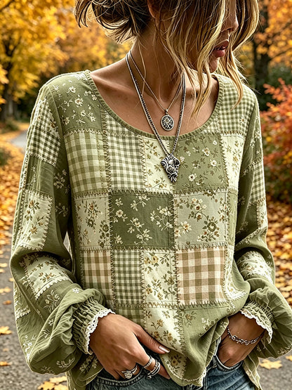 Damen-Häuschenstil Herbst Patchwork-Print Baumwoll-Leinen-Shirt