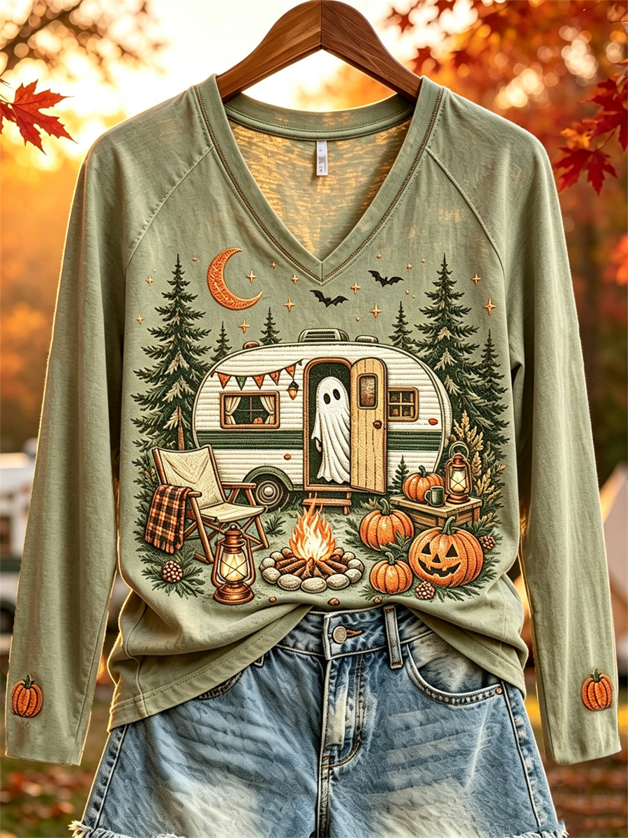 Damen-Halloween-Geister-Herbst-Wohnmobil-Camping-Print-Langarm-T-Shirt