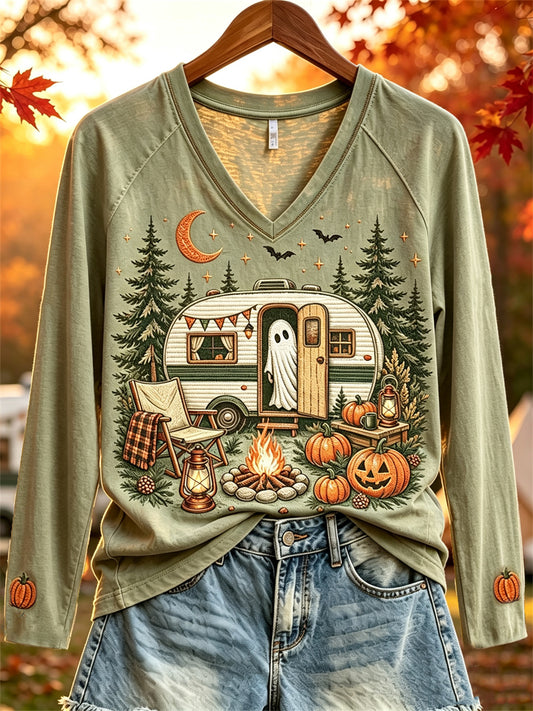 Damen-Halloween-Geister-Herbst-Wohnmobil-Camping-Print-Langarm-T-Shirt