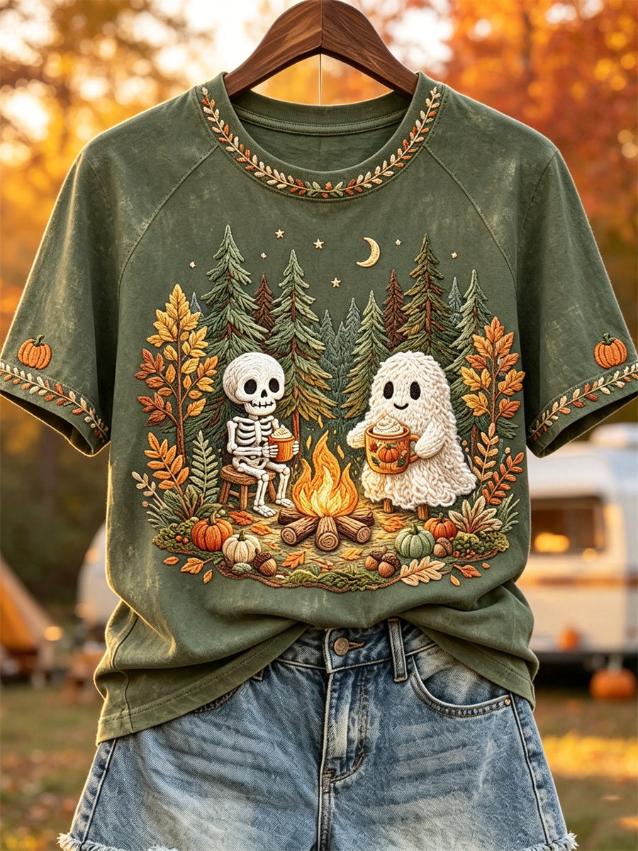Damen-Halloween-T-Shirt mit Geister- und Skelett-Print für Herbst, Camping und Wald – Kurzarm