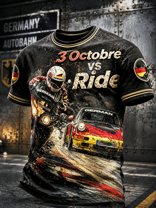 Herren-T-Shirt in Schwarz mit deutscher Flagge und „Tag der Deutschen Einheit“-Motiv – cooles Motorrad-Print