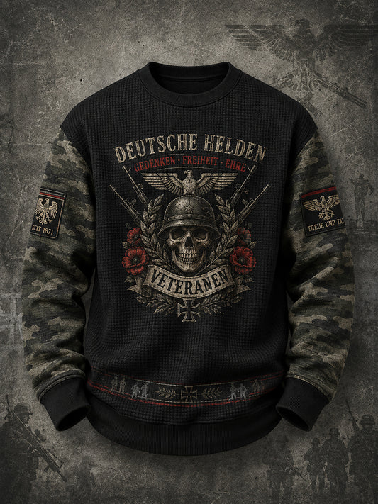 Herren-Waffelstrick-T-Shirt mit langen Ärmeln und Vintage-Print im Militärstil
