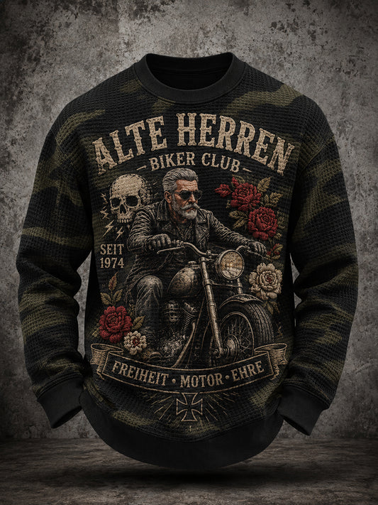 Herren-T-Shirt im Vintage-Stil mit abgenutztem Slogan-Print, aus Waffelstrick und mit langen Ärmeln