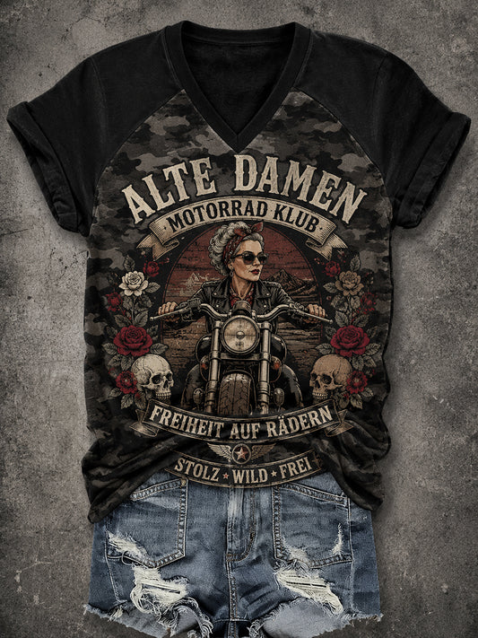 Damen-T-Shirt im Vintage-Stil mit gewaschener Optik, Slogan-Print, V-Ausschnitt und Raglan-Kurzärmeln
