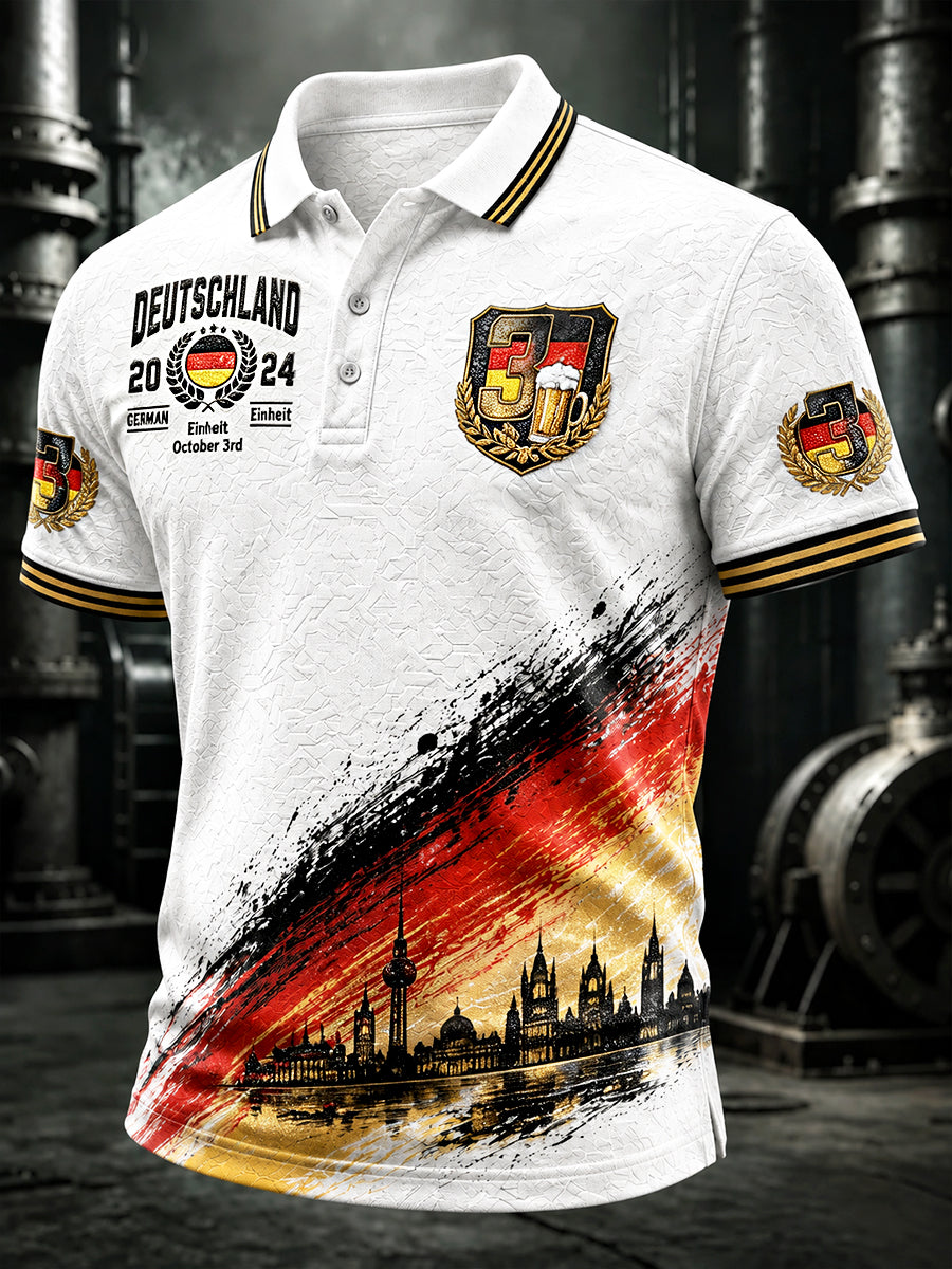 Herren-Poloshirt in Weiß mit deutscher Flagge und Nationalfeiertagsmotiv, lässig geschnitten