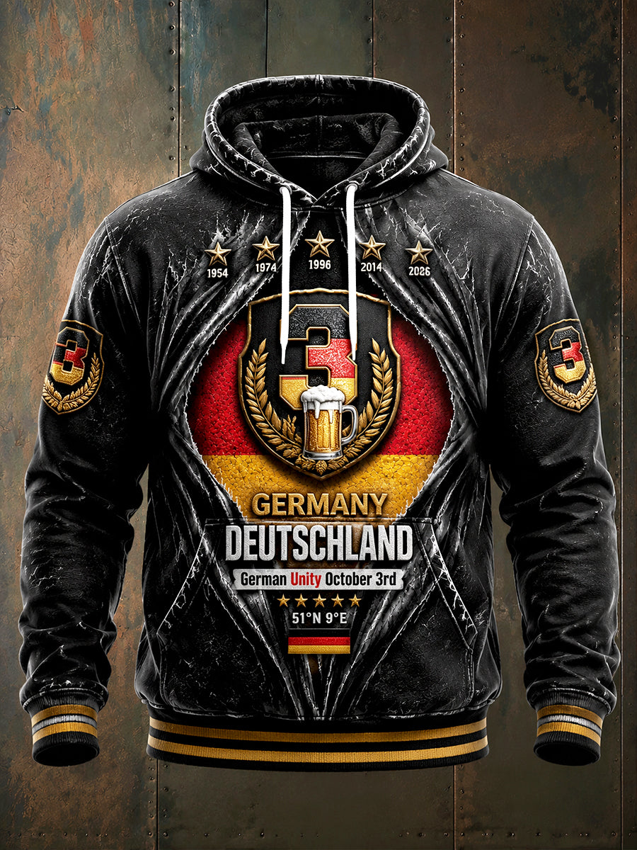 Herren-Sweatshirt mit Kapuze, schwarz, 3D-Druck, zum deutschen Nationalfeiertag, lässig
