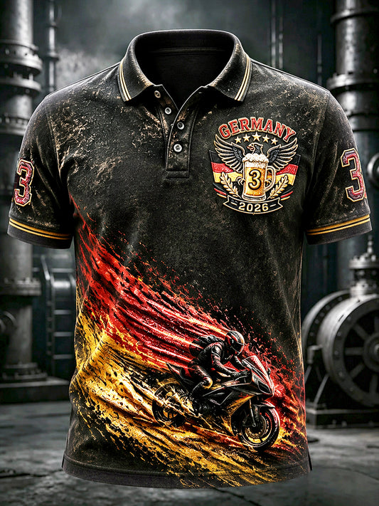 Herren-Retro-Poloshirt in Schwarz mit deutschem Bier-Print zum Nationalfeiertag, lässiger Stil
