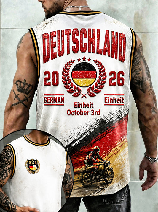 Herren-Vintage-Weste in Weiß mit deutschem Nationalfeiertags- und Motorrad-Print, lässig geschnitten