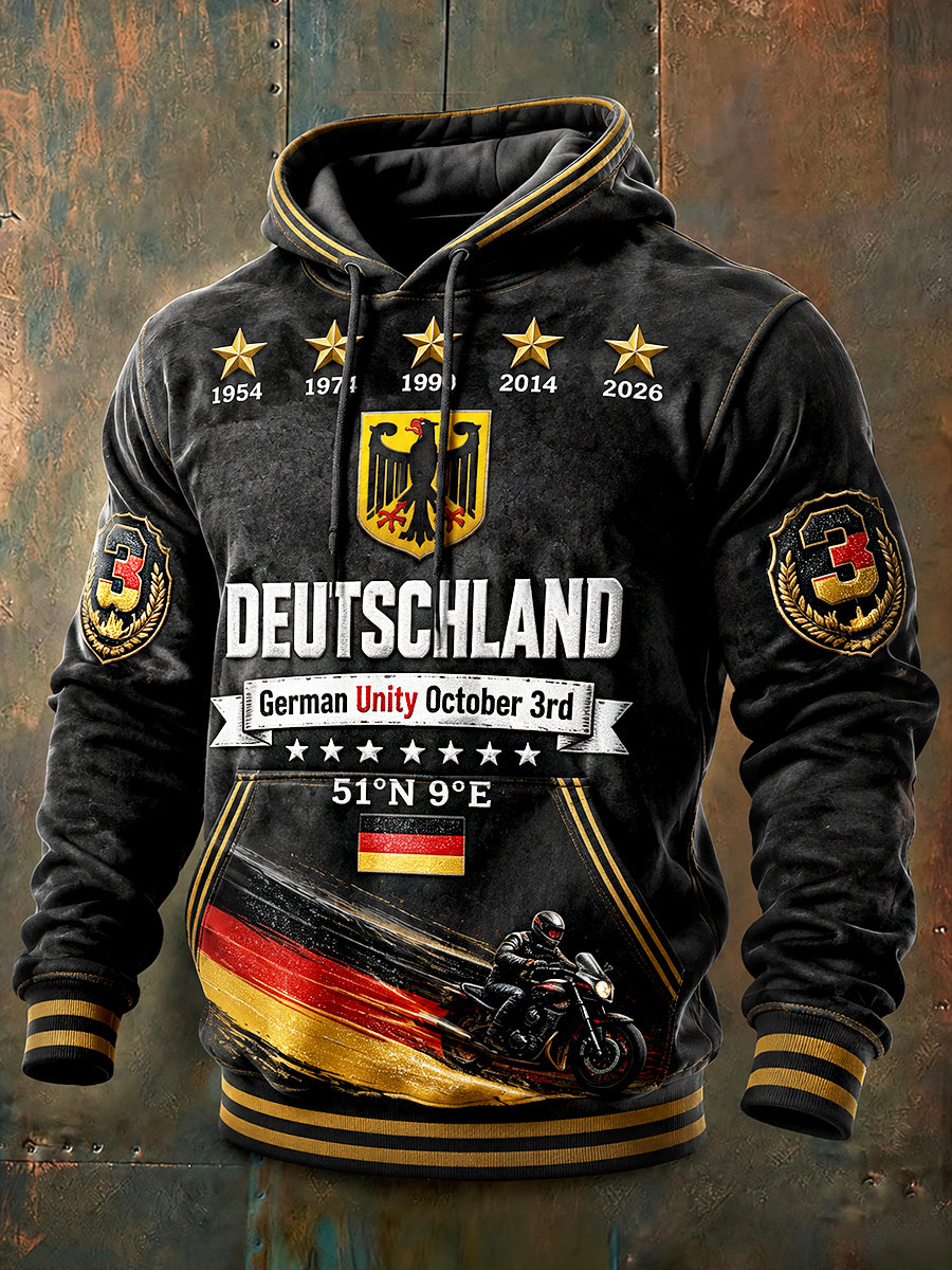 Herren-Sweatshirt mit Kapuze, schwarz, Motorrad-Print, lässig, zum deutschen Nationalfeiertag