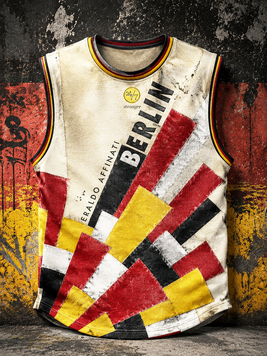 Herrenweste in Deutschland-Bauhaus-Stil mit geometrischem Patchwork-Print, lässig geschnitten