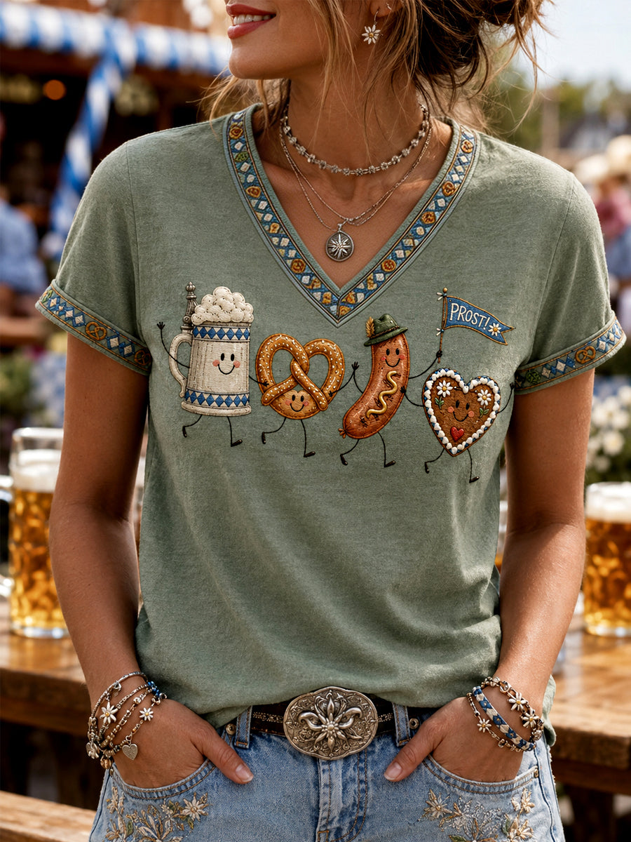 Oktoberfest der Frauen: Prost! Bedrucktes Freizeit-T-Shirt mit V-Ausschnitt