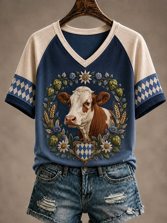 Damen-Floral-Cottagecore-Kuhmuster-Kurzarm-T-Shirt