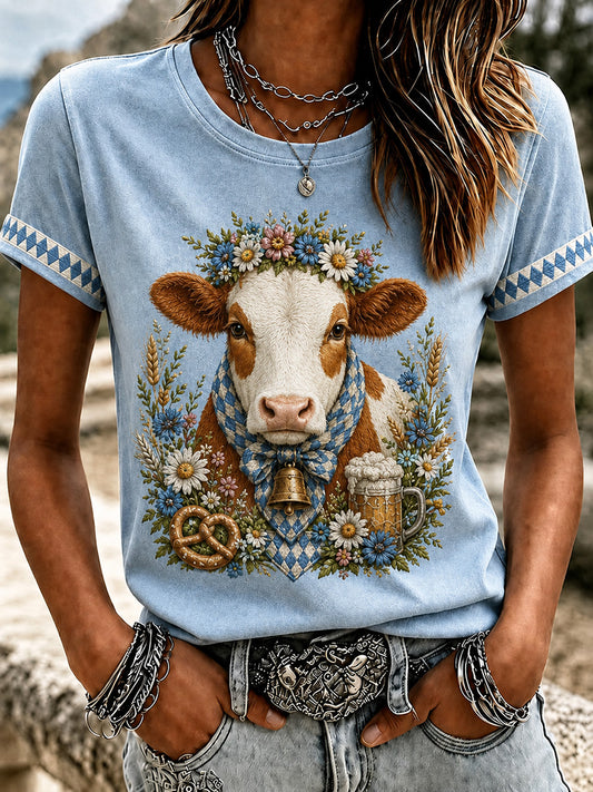 Damen-Floral-Cottagecore-Kuhmuster-Kurzarm-T-Shirt