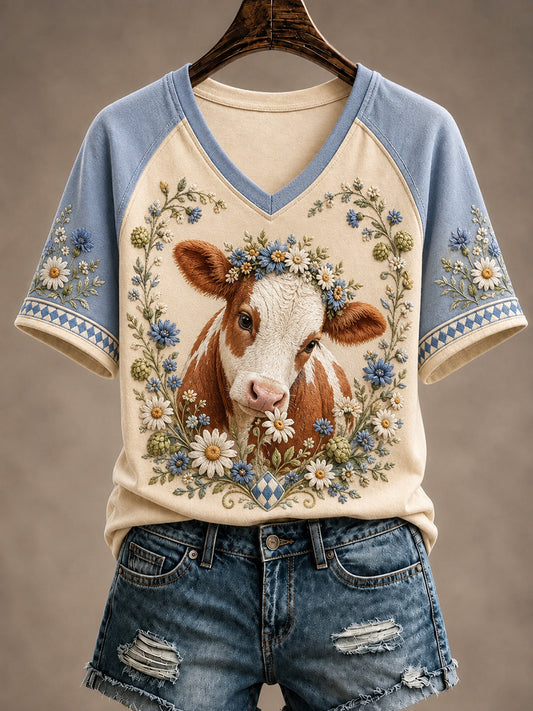 Damen-Floral-Cottagecore-Kuhmuster-Kurzarm-T-Shirt
