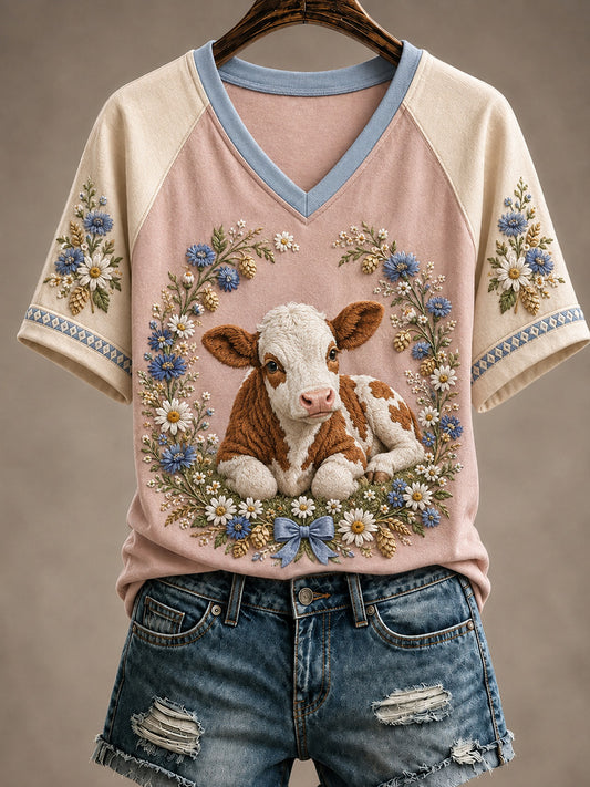 Damen-Floral-Cottagecore-Kuhmuster-Kurzarm-T-Shirt