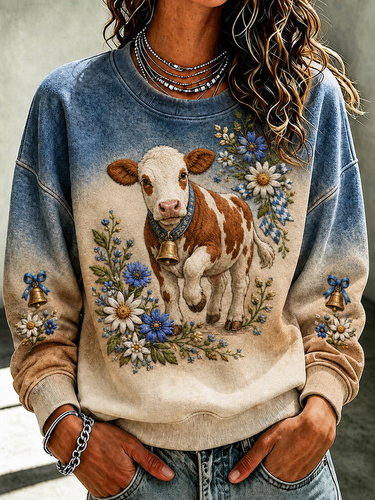 Damen-Sweatshirt im Cottagecore-Stil mit Blumen- und Kuhmuster