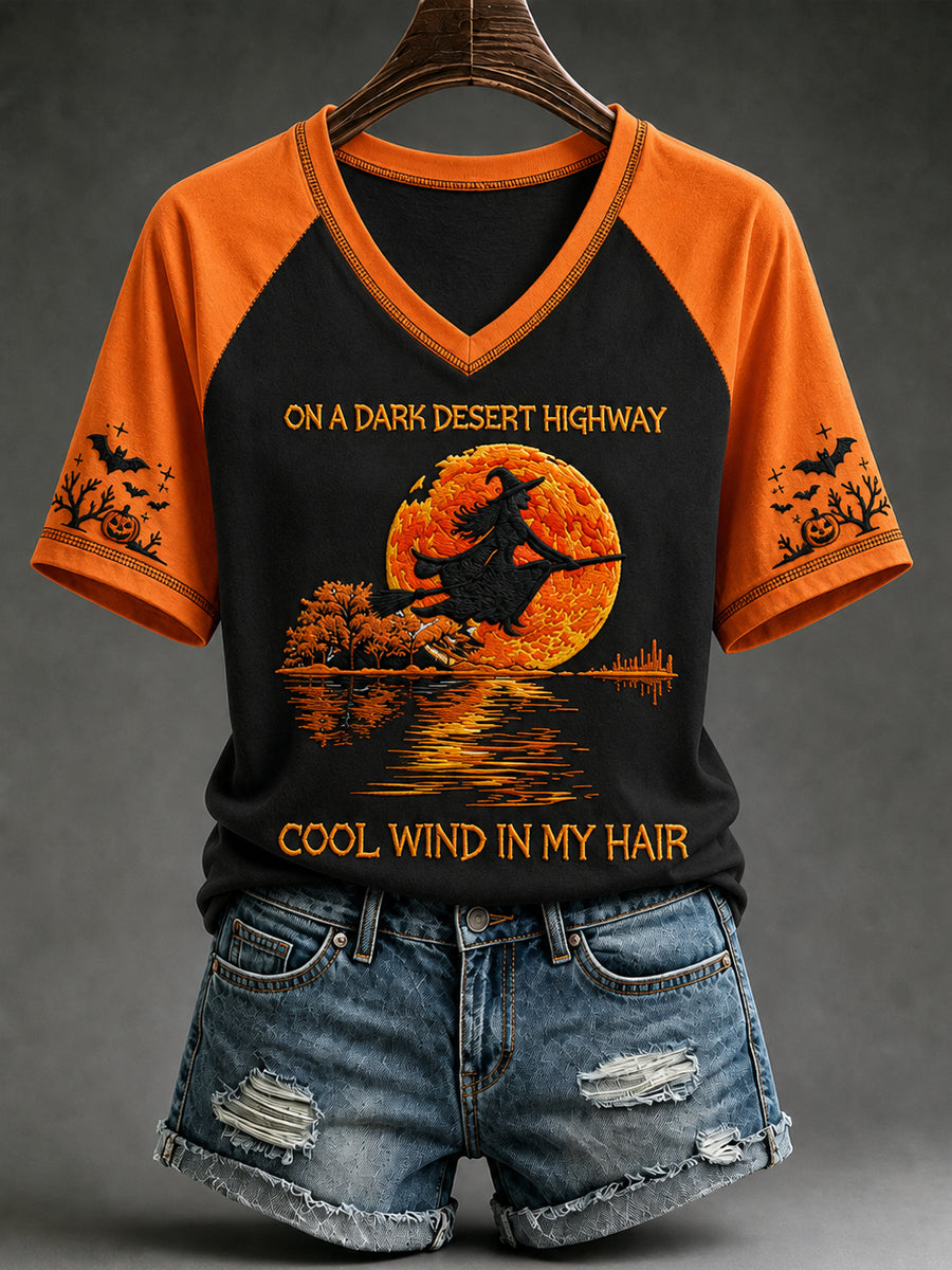 Damen-Halloween-Hexe-Kürbis-Fledermaus-T-Shirt mit V-Ausschnitt
