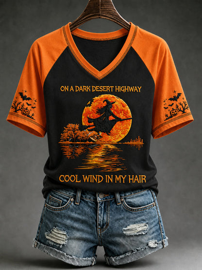 Damen-Halloween-Hexe-Kürbis-Fledermaus-T-Shirt mit V-Ausschnitt