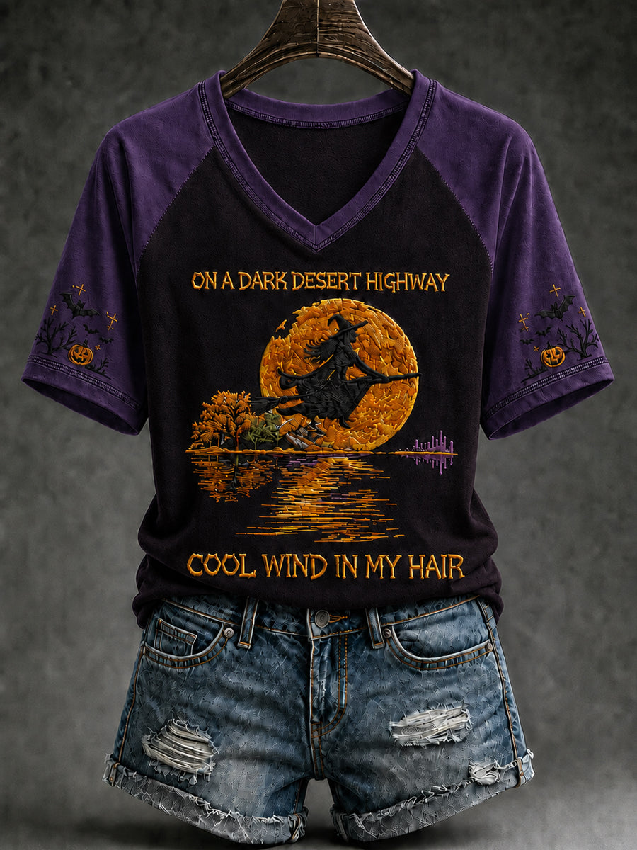 Damen-Halloween-Hexe-Kürbis-Fledermaus-T-Shirt mit V-Ausschnitt