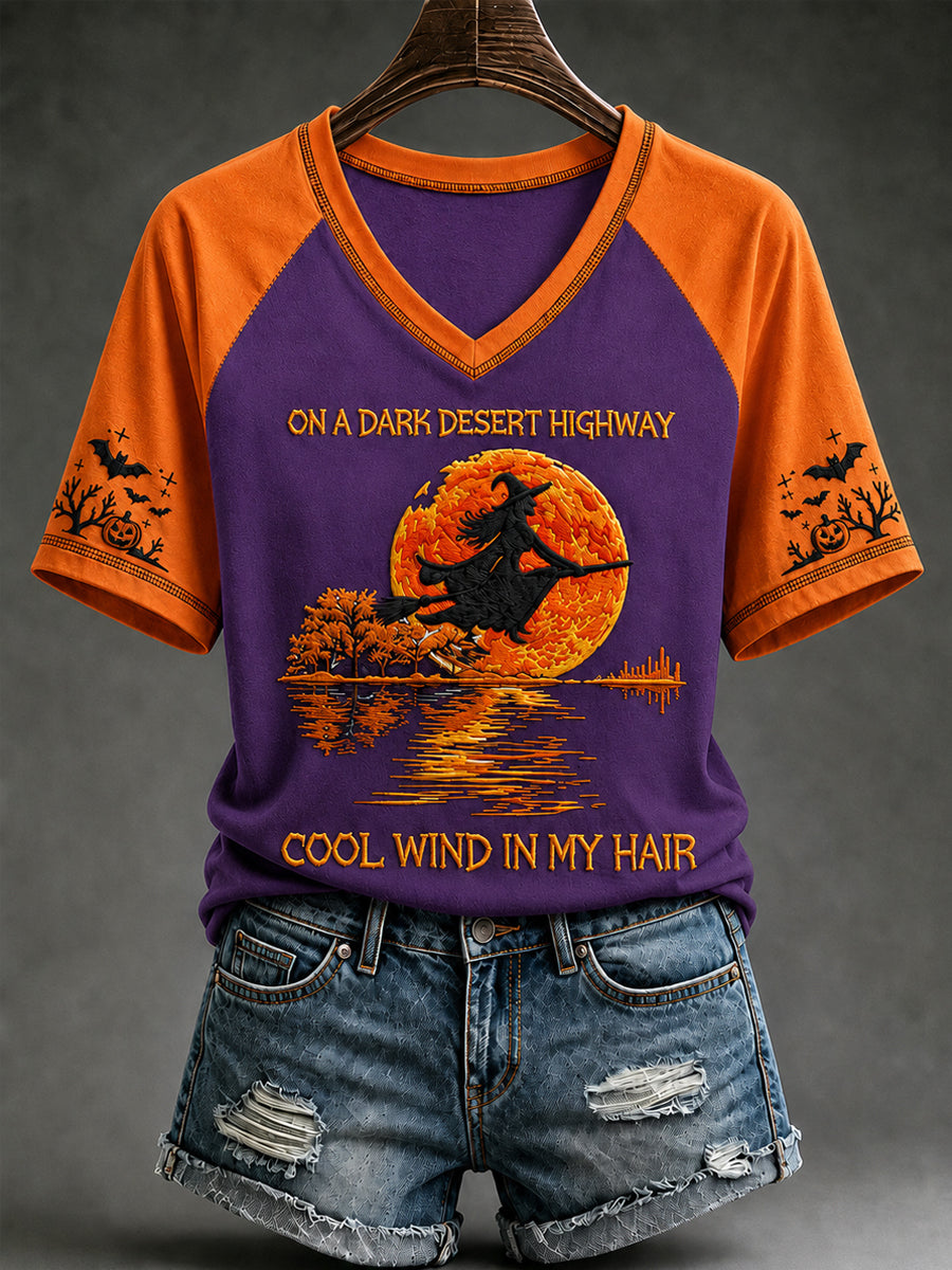 Damen-Halloween-Hexe-Kürbis-Fledermaus-T-Shirt mit V-Ausschnitt