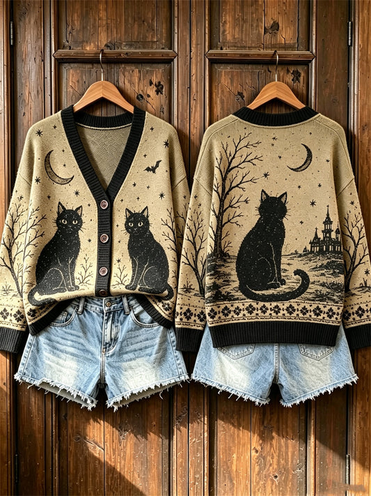 Damen-Vintage-Halloween-Strickjacke mit schwarzer Nachtwichterkasten-Print