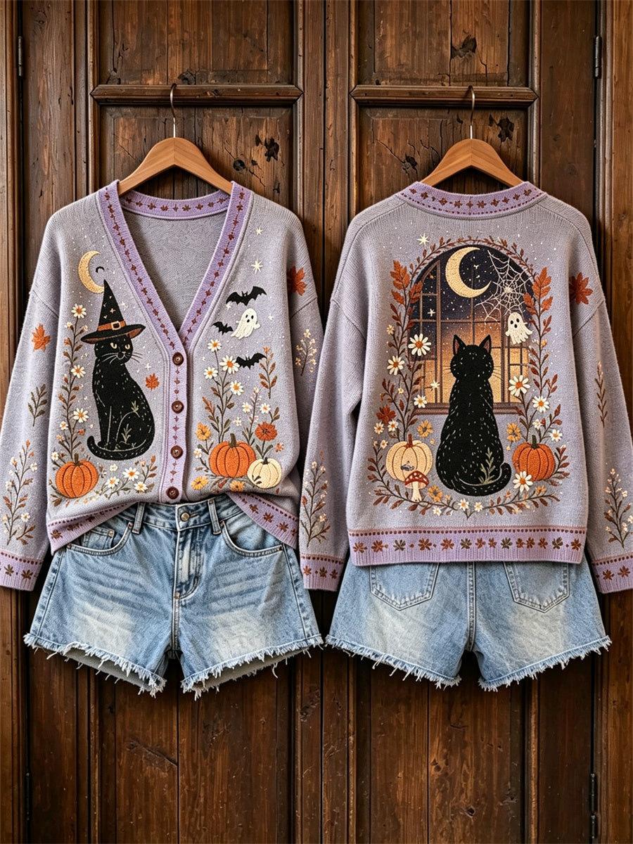 Damen-Vintage-Strickjacke mit Halloween-Motiven: schwarze Katzen, Kürbisse und floralem Muster