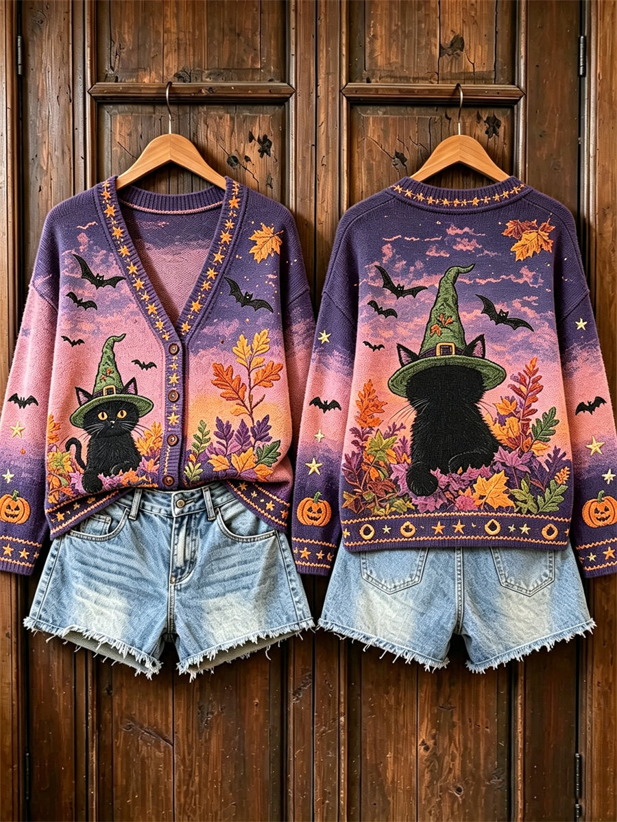 Damen-Strickjacke im Vintage-Stil mit Herbstlandschaftsdruck mit schwarzer Katze und Kürbis für Halloween