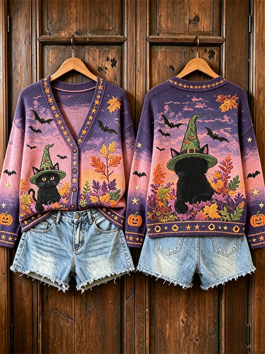 Damen-Strickjacke im Vintage-Stil mit Herbstlandschaftsdruck mit schwarzer Katze und Kürbis für Halloween
