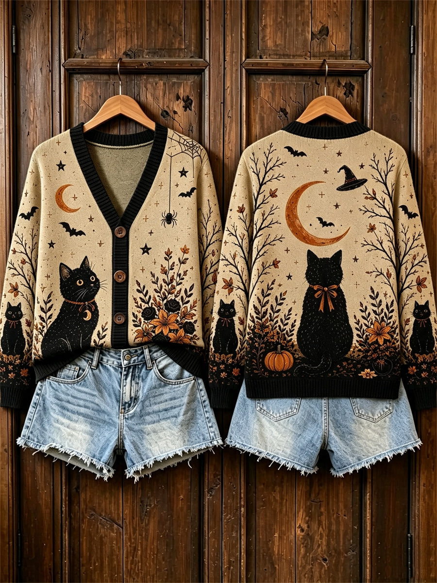 Damen-Vintage-Strickjacke mit Halloween-Motiven: schwarze Katzen, Kürbisse und floralem Muster