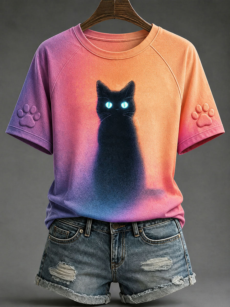 Damen-Casual-T-Shirts mit schwarzer Katzen-Print-Optik
