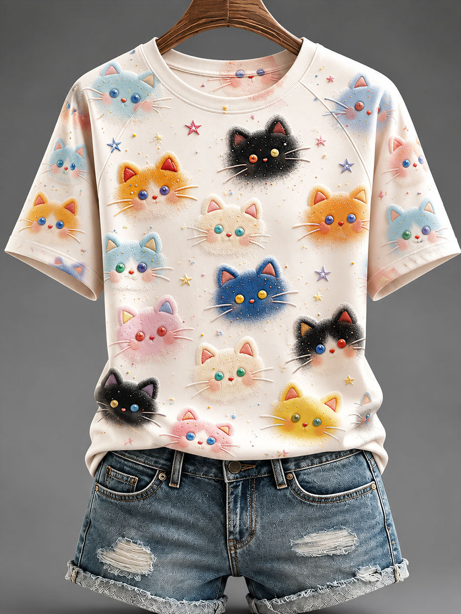 Damen-T-Shirts mit farbenfrohem Katzen-Print