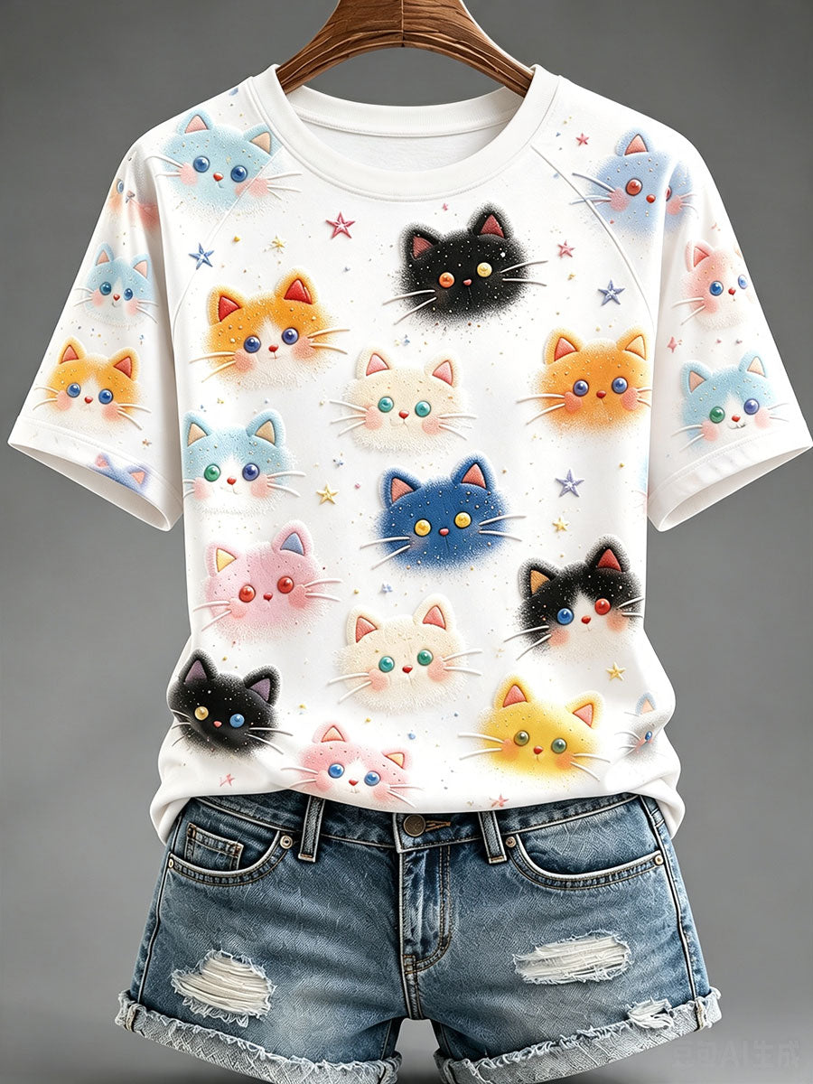Damen-T-Shirts mit farbenfrohem Katzen-Print