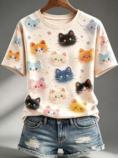 Damen-T-Shirts mit farbenfrohem Katzen-Print