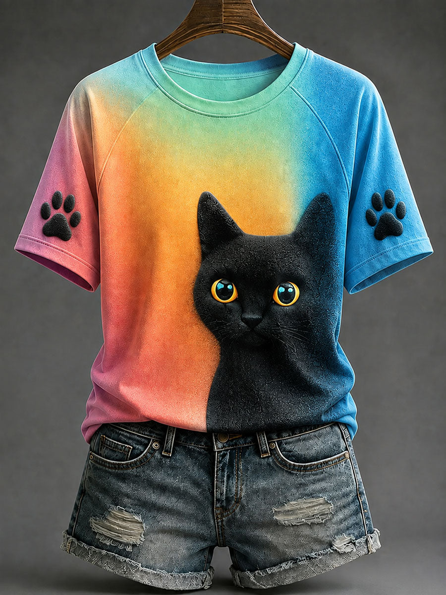 Damen-bunte schwarze Katze-Lässig-T-Shirts