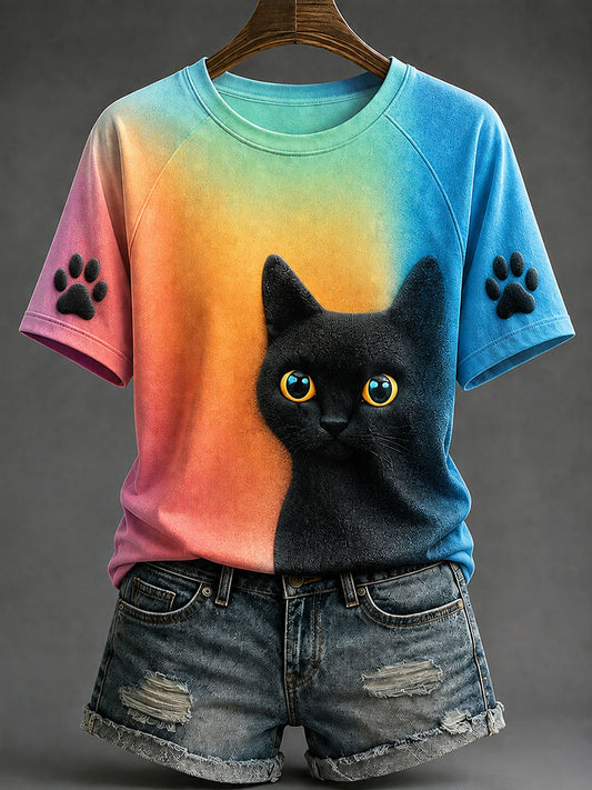Damen-bunte schwarze Katze-Lässig-T-Shirts