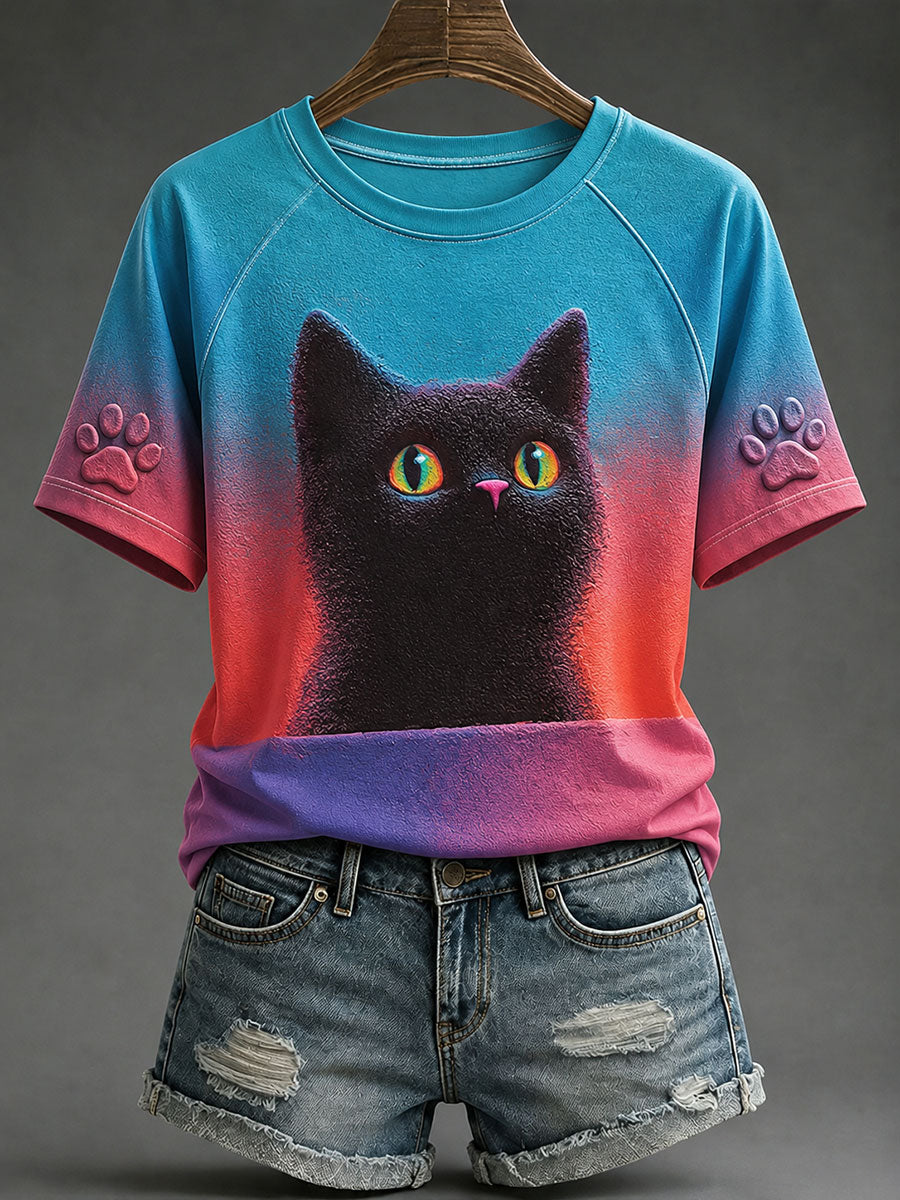 Damen-Casual-T-Shirts mit schwarzer Katzen-Print-Optik
