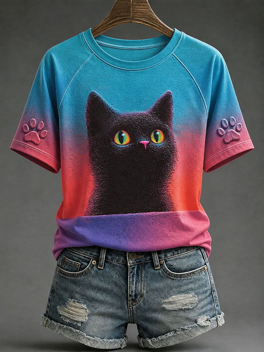 Damen-Casual-T-Shirts mit schwarzer Katzen-Print-Optik
