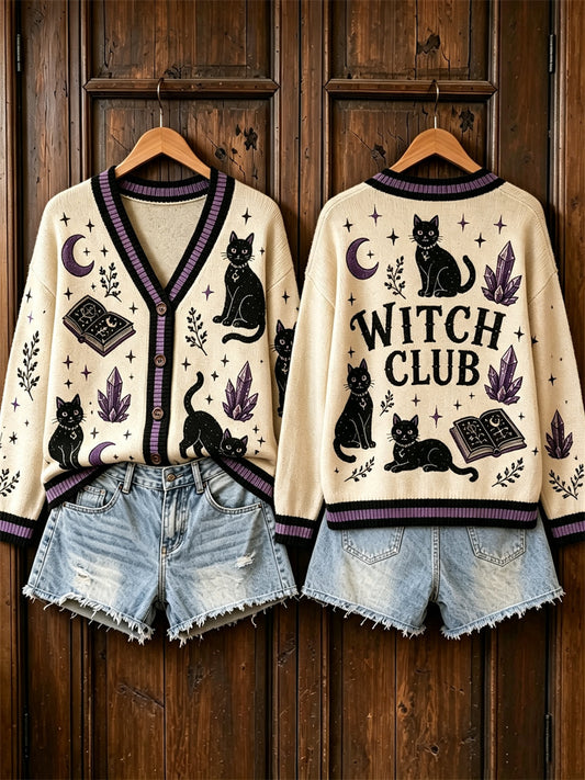 Frauen Vintage Hexenclub Halloween schwarze Katzen Mystic Print Strickjacke