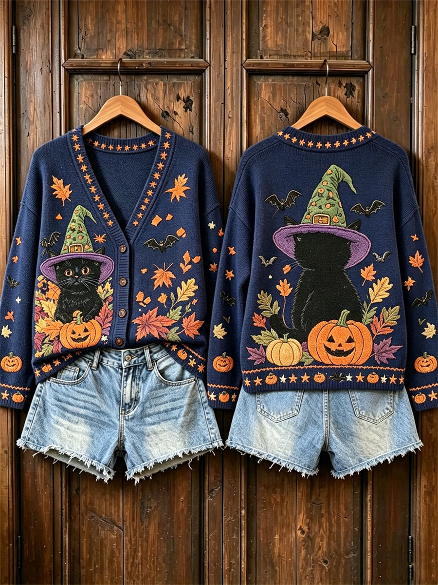 Damen-Strickjacke im Vintage-Stil mit Halloween-Motiv: schwarze Katze, Kürbis und Herbstlaub