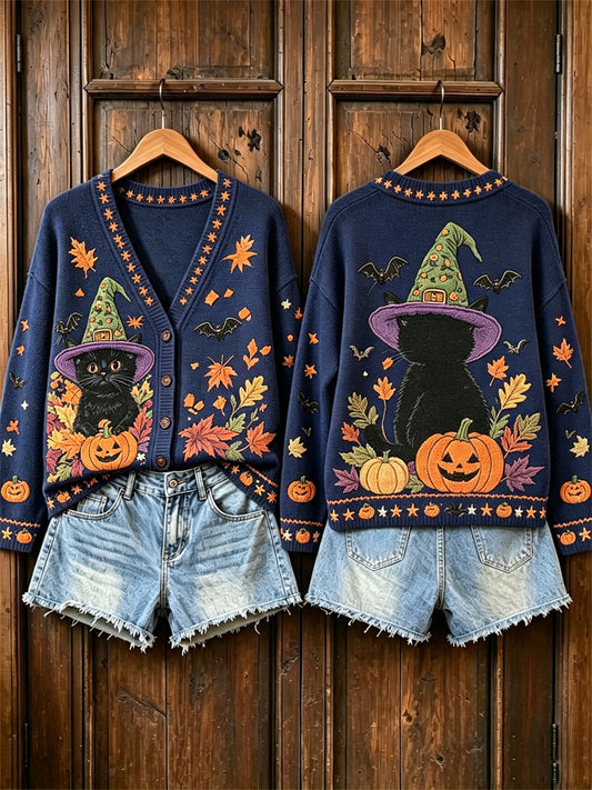 Damen-Strickjacke im Vintage-Stil mit Halloween-Motiv: schwarze Katze, Kürbis und Herbstlaub