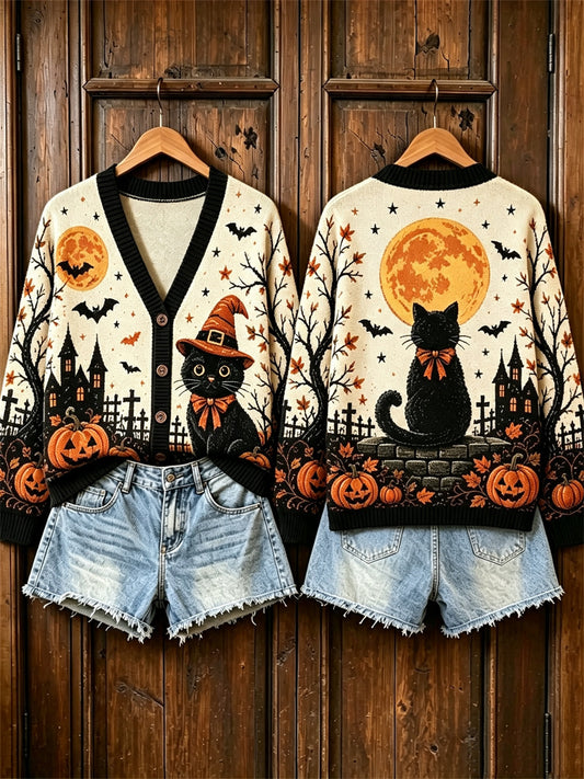 Damen Vintage Halloween Schwarze Katze Schloss Vollmond Nacht Druck Strickjacke