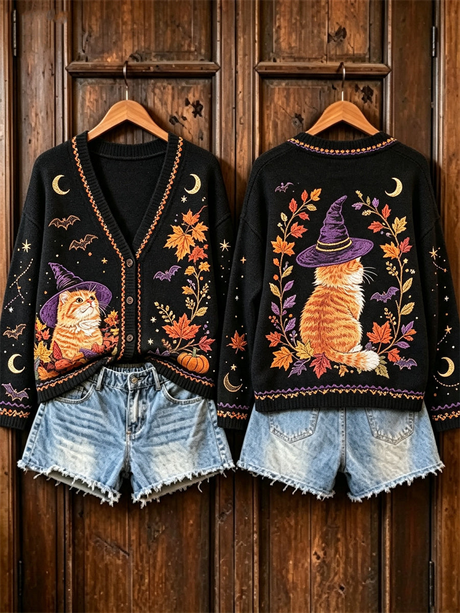 Damen-Strickjacke im Vintage-Stil mit Halloween-Katzen- und Herbstlaub-Print