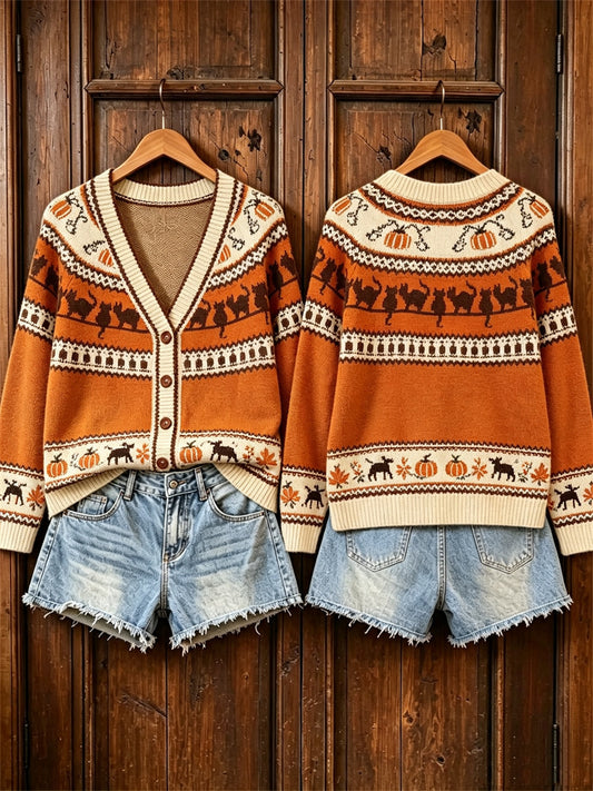 Frauen Vintage Halloween Katzen Kürbisse fallen Isle Muster Print Strickjacke